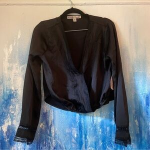 Vintage Gothic Black Long Sleeve Blouse with Lace Trim